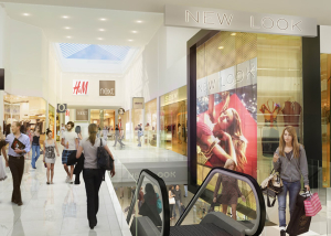 An image of the inside of a shopping mall, showing Next and H&M units, following on from a reconfiguration and refurbishment.